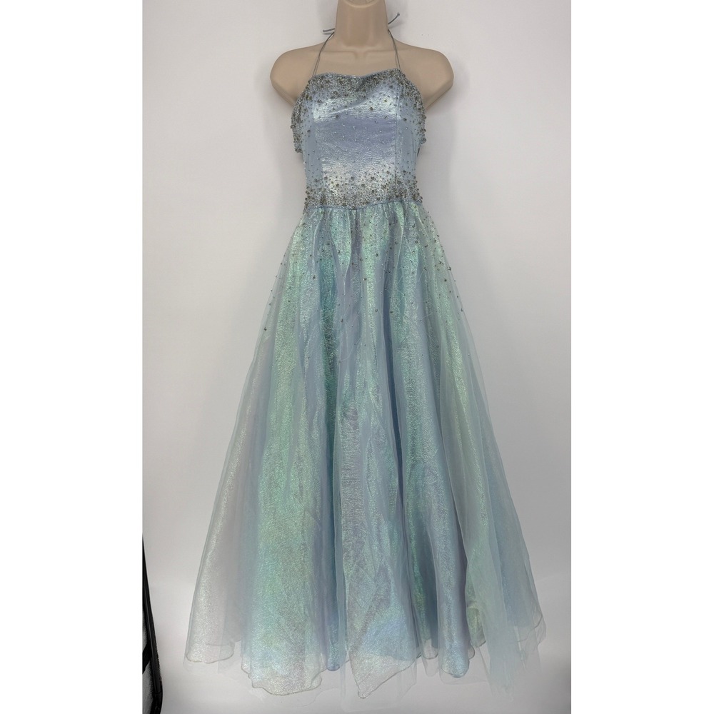 Light Blue Iridescent Beaded Prom Dress Formal Gown Fairycore Corset Princess